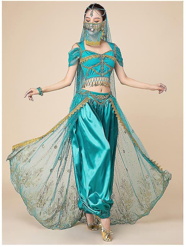 Prinsesse Jasmine Cosplay til kvinder - Indisk mavedans arabisk prinsesse julekarnevalssæt - Blue 7pcs XL