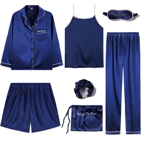 Kvinner Ensfarget Pyjamas Sett Knapper Design Nattøy Na  Blue XL