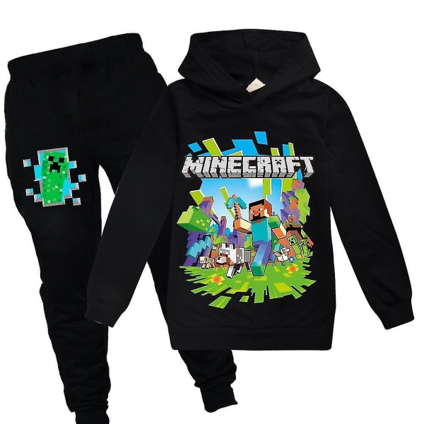 Barn Minecraft träningsoverall set med printed huvbyxor casual - Black 100cm