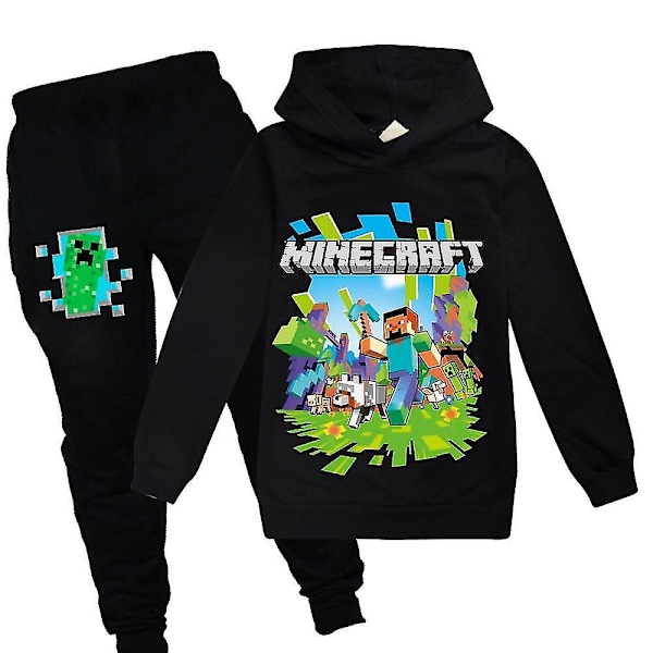 Barn Minecraft träningsoverall set med printed huvbyxor casual Y Black 130cm