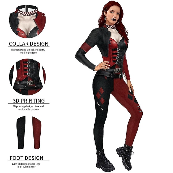 Tjej Kvinnor Harley Quinn Halloween Party Cosplay Kostym Jumpsuit Elastisk Body Q 190