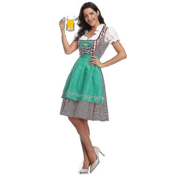 Høj kvalitet traditionel tysk plaid Dirndl kjole Oktoberfest kostume outfit til voksne kvinder Halloween fancy fest Style3 Green XL
