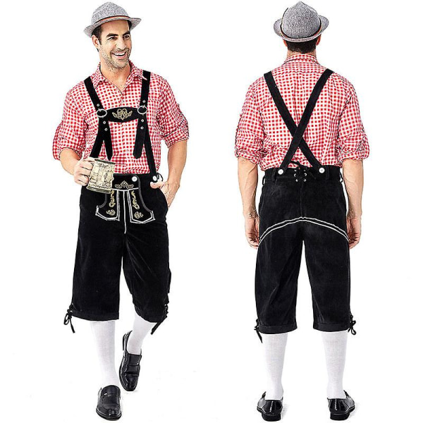 (Paita+housut+hattu) Oktoberfest Beer ja Lederhosen-asu Halloween Baijerin karnevaalijuhla Deluxe Cosplay -asusetti Red Plaid shirt M