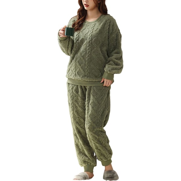 HAUFR Dame Fluffy Fleece Pyjamas Set 2 deler Varm Fleece Pyjamas Set Myke nattklær Langærmede Crewneck lommer Bukser Y Green Medium