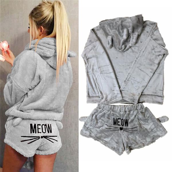 Kvinner fleece fluffy pyjamas nattøy nattøy sett Grey M
