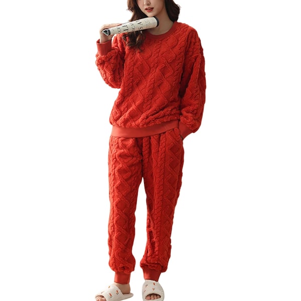 HAUFR Dame Fluffy Fleece Pyjamas Set 2 deler Varm Fleece Pyjamas Set Myke nattklær Langærmede Crewneck lommer Bukser Y Orange X-Large
