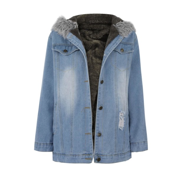 Vinter Tjock jeansjacka Dam Casual Långärmad Pälskrage Hooded Warm Coat W Light Blue XL