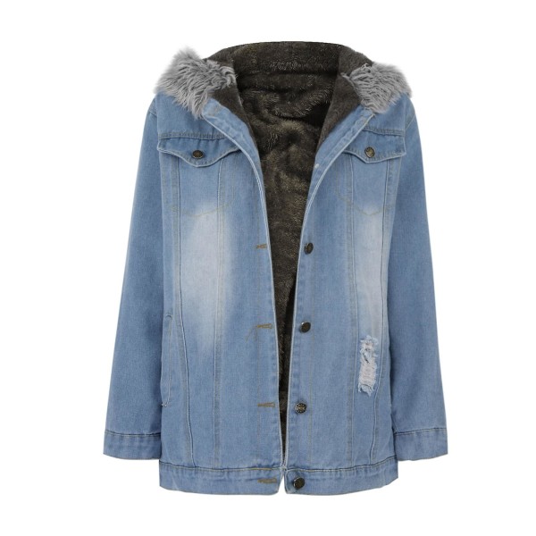 Vinter Tykk jeansjakke Dame Casual Langarmet Pels Krage Hette Varm Frakk W Light Blue M