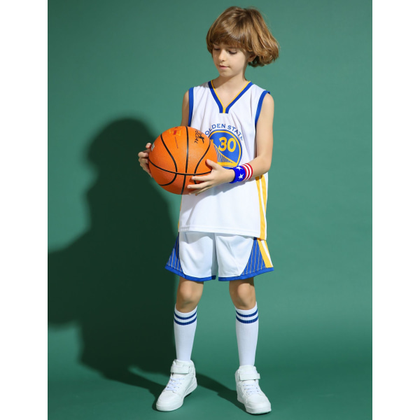 Stephen Curry No.30 Basketball Jerseysæt Warriors Uniform til børn teenagere White XL (150-160CM)