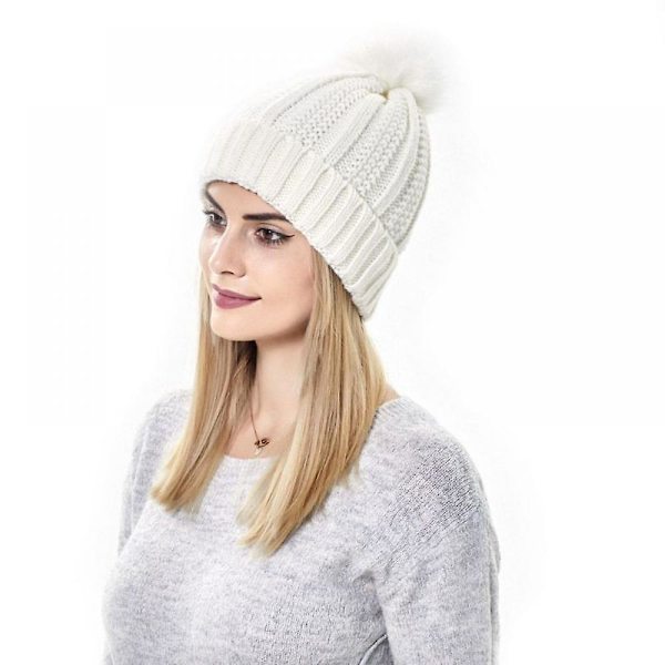 Vinter stickad mössa Dam varm vävd cap med slät inre skyddsfrisyr W White