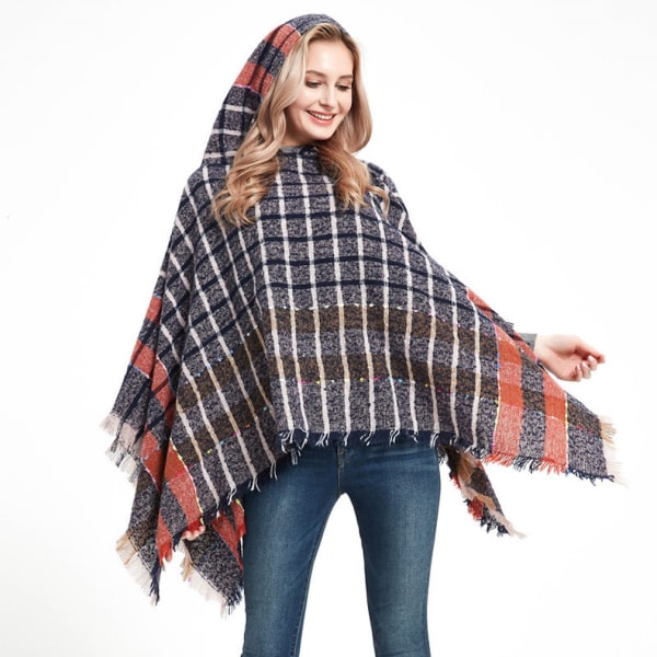 Høst-vinter-hettegenser Rutet genser-kappe med kvast Thicken Poncho for Lady H