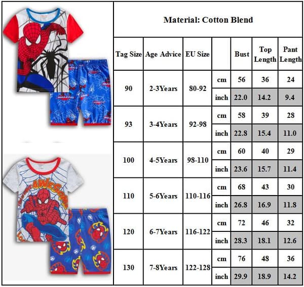 Anime Marvel Boy Spiderman kortarmade 2-delte sett #2 90cm