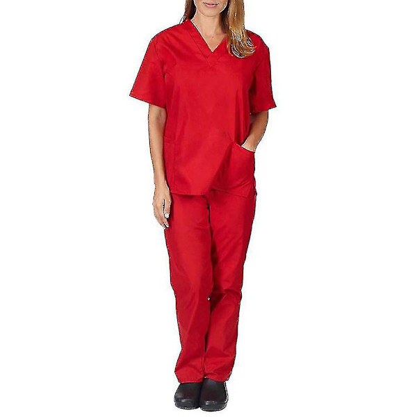 Unisex läkarrock och byxor skrubbset Tandläkare kostym för medicinsk användning Red M
