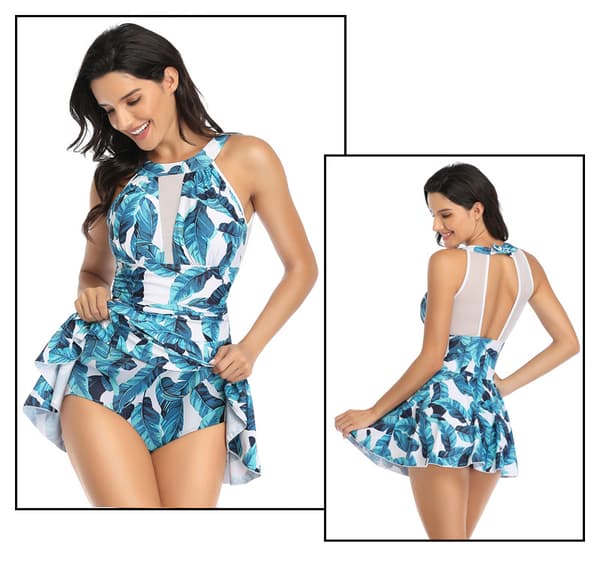 Rullaavalla pepulla varustettu korkeavyötäröinen uimapuku, retrottyyli - blue leaf XXL