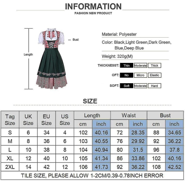 Naisten Oktoberfestin olutneidon asu Baijerin perinteinen Dirndl-mekko Karnevaali CNR Tumma S Green M