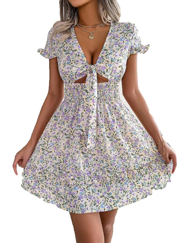 Kvinnors Boho Layered ini Kort Klänning Djup V Neck Tie Front Utsvängda Klänning W M