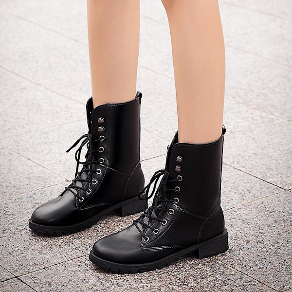 Pitsi Pu Nahkasaappaat Naiset Block Heel Mid Calf Kengät Gothic Punk Low Heel Saappaat W 41