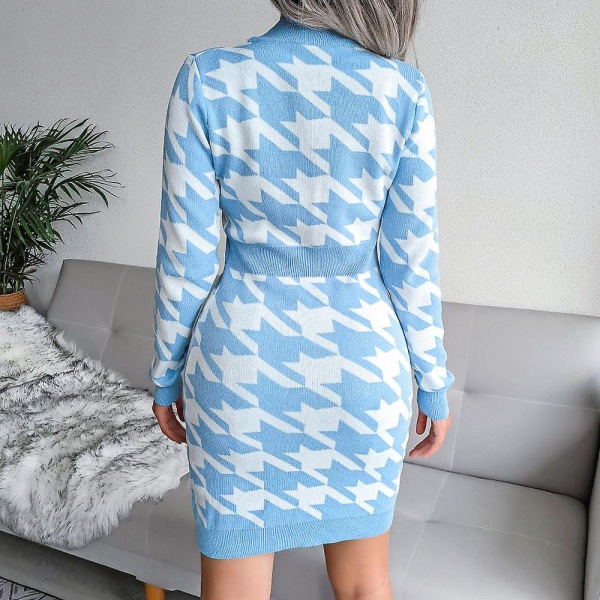 Houndstooth Print Genser Kjole V Hals Dampet Ermet Strikket Bodycon Kjole For Dame Light Blue L