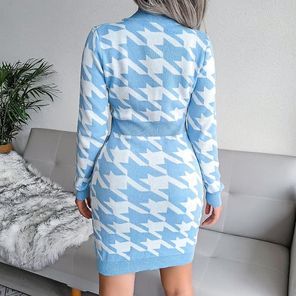 Houndstooth Print Tröja Klänning V Neck ångärmad Stickad Bodycon Klänning För Dam Light Blue L