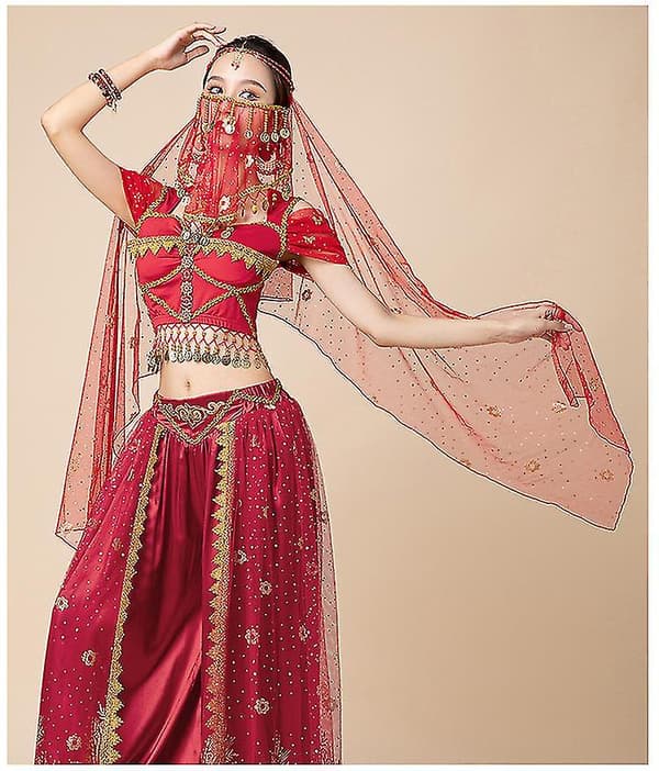 Princess Jasmine Cosplay til kvinder - Indisk mavedans arabisk prinsesse julekarneval sæt - Red 2pcs M