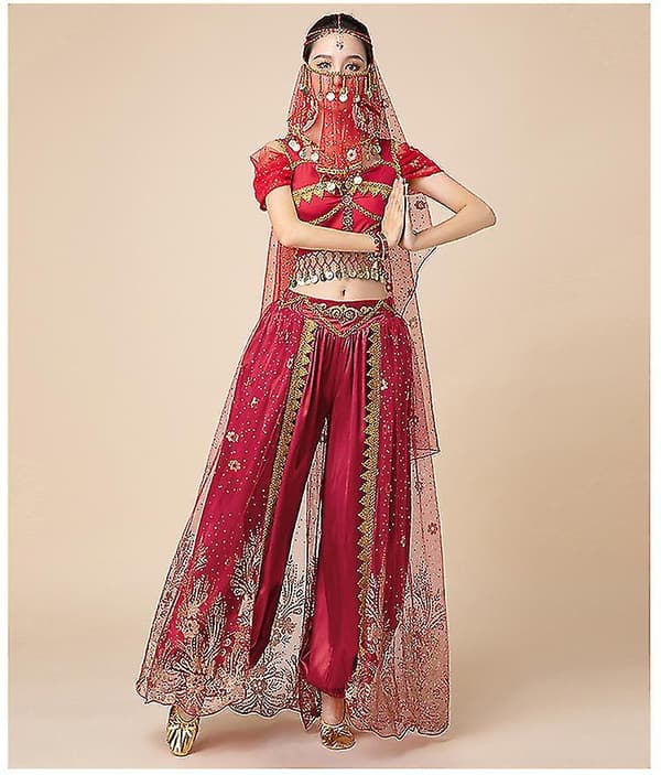 Princess Jasmine Cosplay til kvinder - Indisk mavedans arabisk prinsesse julekarneval sæt - Red 2pcs M