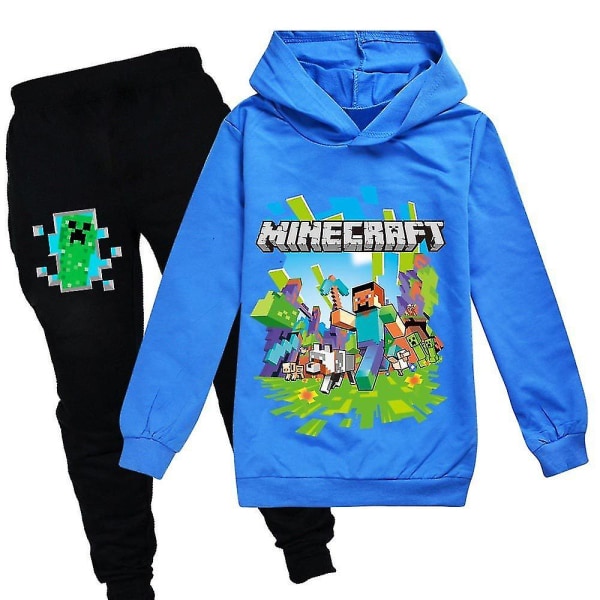 Barn Minecraft treningsoverall sett med trykte hettebukser casual Y Blue 110cm