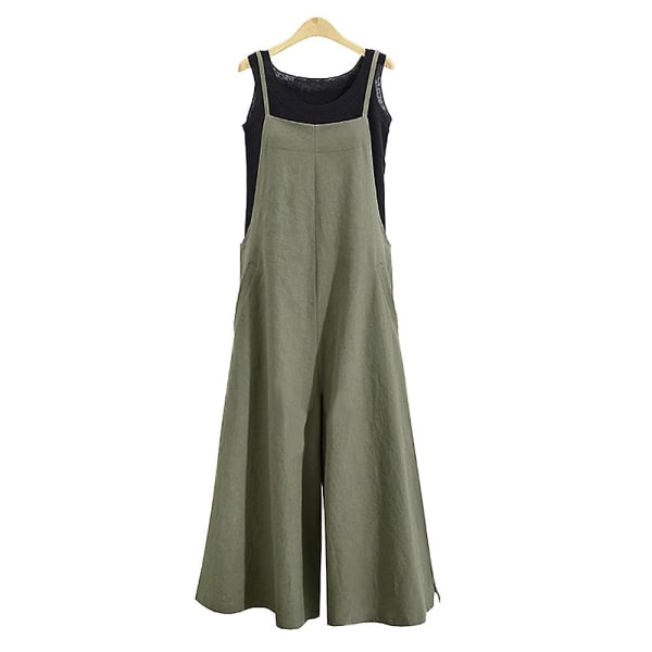 Avslappet bomulls jumpsuit for kvinner - sommer, ensfarget, med stropper, vide ben, dungaree, haklapp, oversized Green L