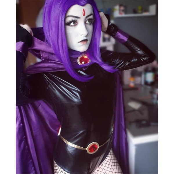 Teen Titans Raven Cosplay kostume superhelte kappe Jumpsuits Zentai Halloween stramt tøj + Kappe + talje smykkekæde S