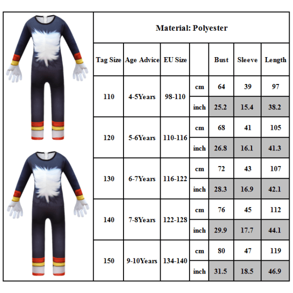 Sonic The Hedgehog Cosplay -asu lapsille, pojille ja tytöille 5-6 vuotta = EU 110-116 Shadow Jumpsuit + Mask 8-9 år = EU 128-134