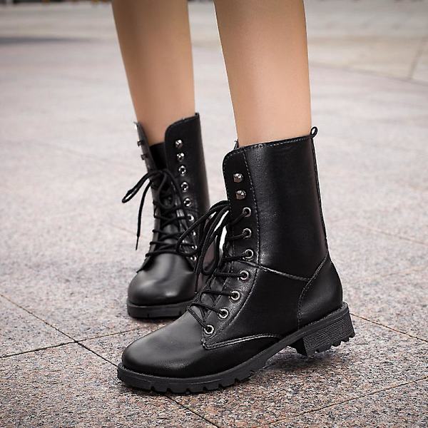 Lace Up Pu Läderstövlar Kvinnor Block Häl Mid Calf Skor Gothic Punk Låg Klack Stövlar W 36