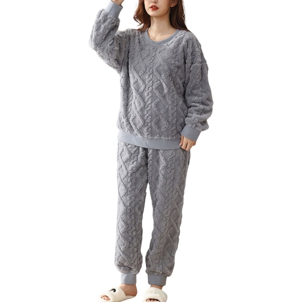 HAUFR Dame Fluffy Fleece Pyjamas Set 2 deler Varm Fleece Pyjamas Set Myke nattklær Langærmede Crewneck lommer Bukser Y Grey Large
