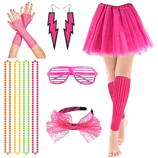 6 kpl Naisten 80-luvun vaaleanpunainen neon cosplay -asu Halloween-naamiainen