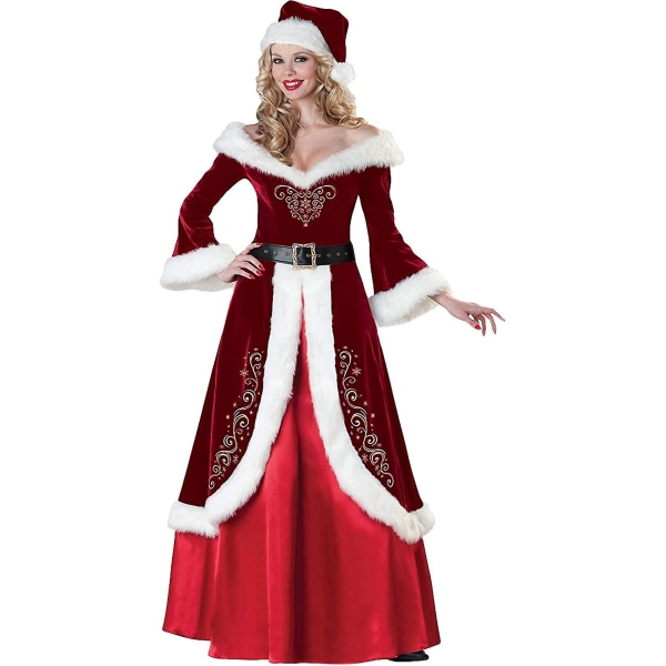 Kvinna Fancy Dress Mamma Jul V Neck Klänning Långärmad Retro Lyx Kostym XL