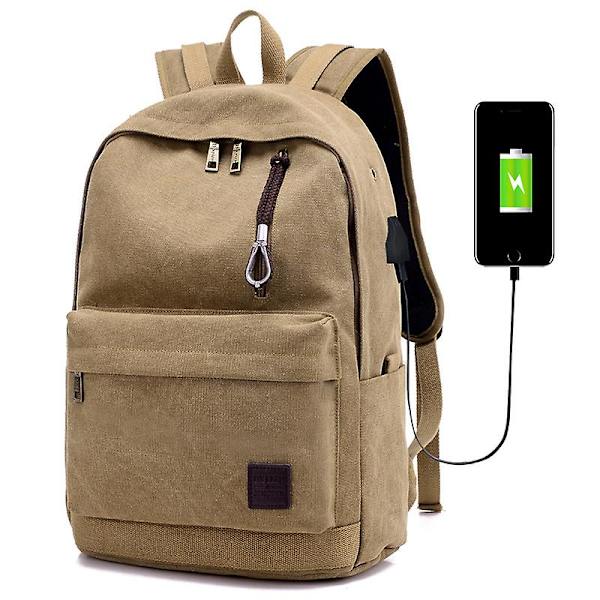 Canvas Rygsæk Herre Casual Multifunktionel Rygsæk Med Lader USB Y KAHKI