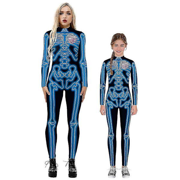 Halloween-skeletdragt til børn og voksne, behagelig Onesie Jumpsuit Tak!！ Blue M