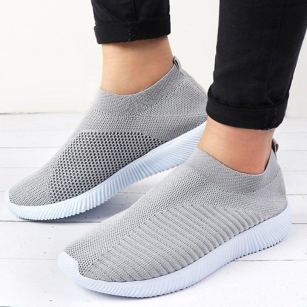 Dame Walking Sneakers Strikkede Mesh Slip On Sko Åndbar Flade Pumps Casual Træningssko W Grey 40