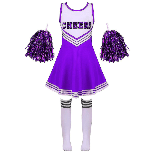 Barn Cheerleading Kostym Skoltjejer Cheerleader Uniformer Cheer Dans Outfits För Halloween Klänning Med Strumpor Blomma D_y Purple 11-12 Years