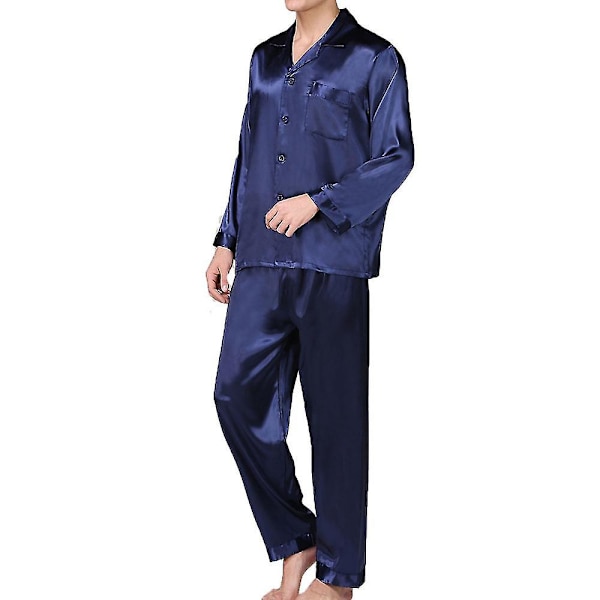 Satin Button-down sett for menn - 2-delt Silky Loungewear Navy blue M