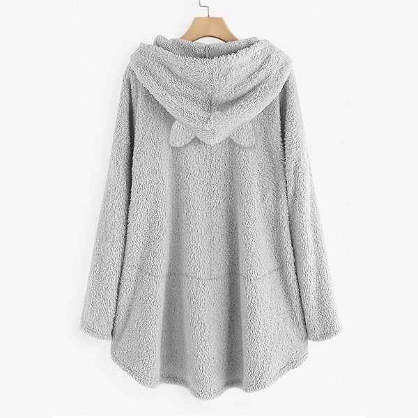 Naisten fleece-huppari Talvi Lämmin Casual Sweatshirt Cat Ears Design Löysä pusero W Gray M