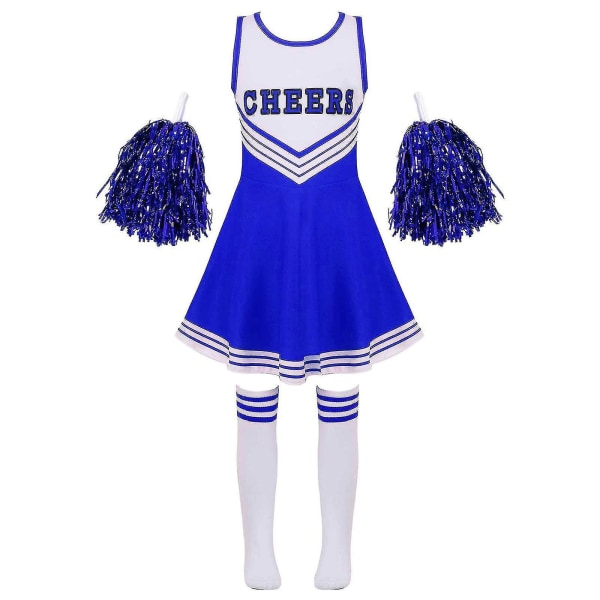 Barn Cheerleading Kostym Skoltjejer Cheerleader Uniformer Cheer Dans Outfits För Halloween Klänning Med Strumpor Blomma D_y Blue 5-6 Years