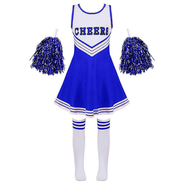 Barn Cheerleading Kostym Skoltjejer Cheerleader Uniformer Cheer Dans Outfits För Halloween Klänning Med Strumpor Blomma D_y Blue 5-6 Years