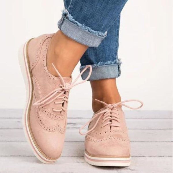 Kvinder Flat Oxford Brogue Lace Up Pumps Kontorsneakers Sko W Pink 38