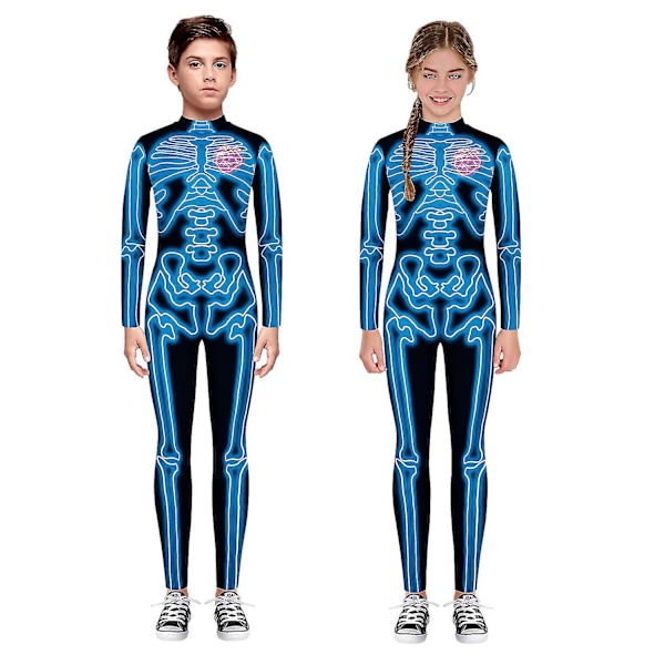 Halloween-skeletdragt til børn og voksne, behagelig Onesie Jumpsuit Tak!！ Blue M