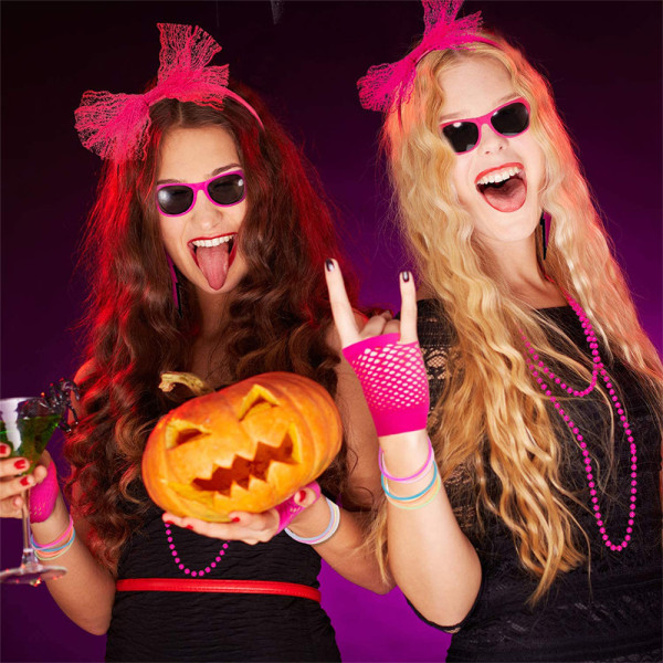 6stk Dame 80-talls Rosa Neon Cosplay-kostyme Halloween Masquerade