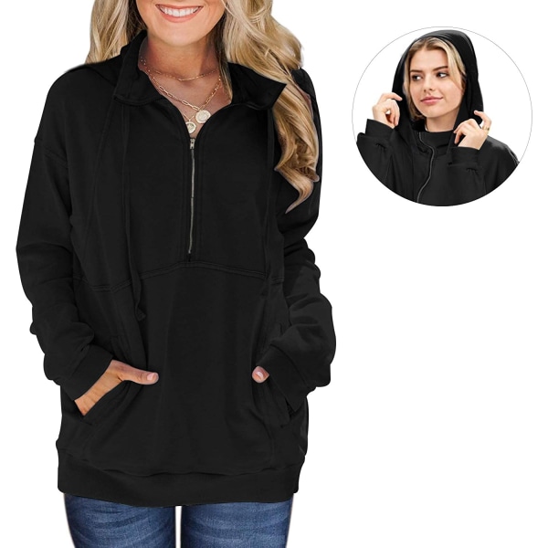 Davenil Dame Hoodies Sweatshirts Casual Langærmet Halv H Black Large