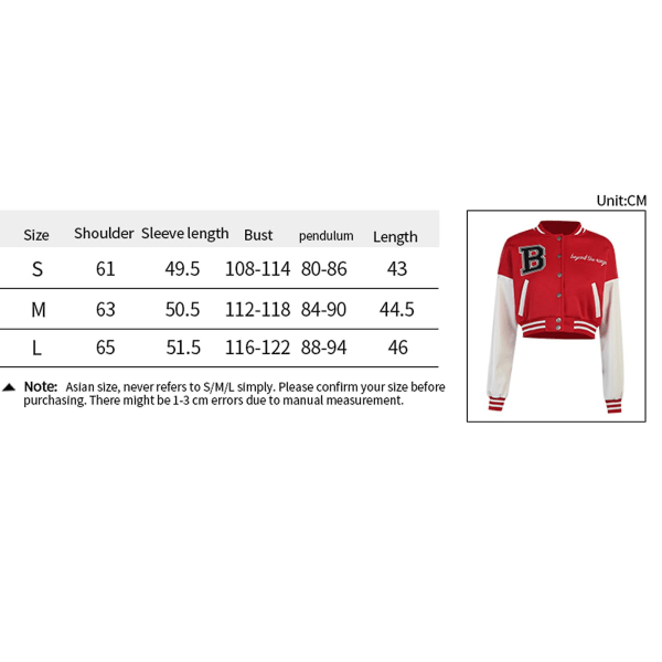 Kvinnor Varsity Jacka Cropped Baseball Jacka Bomberjackor Mode treetwear W Red S