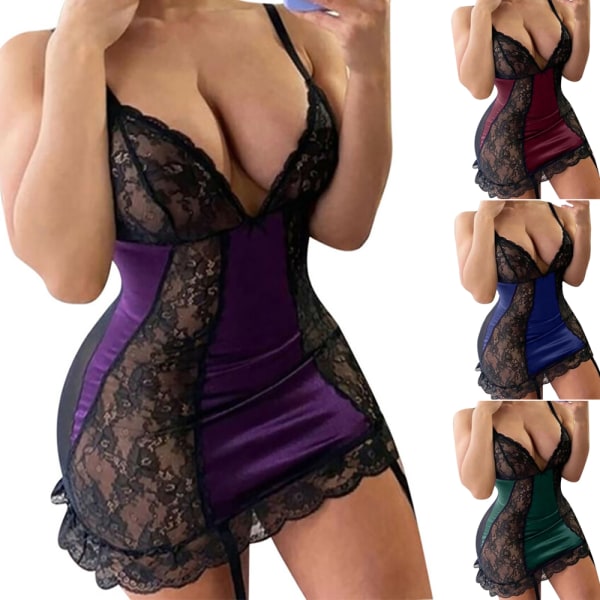 Plus Size Dame Sexy Nattkjole Undertøy Blondekjole Nattøy Purple L