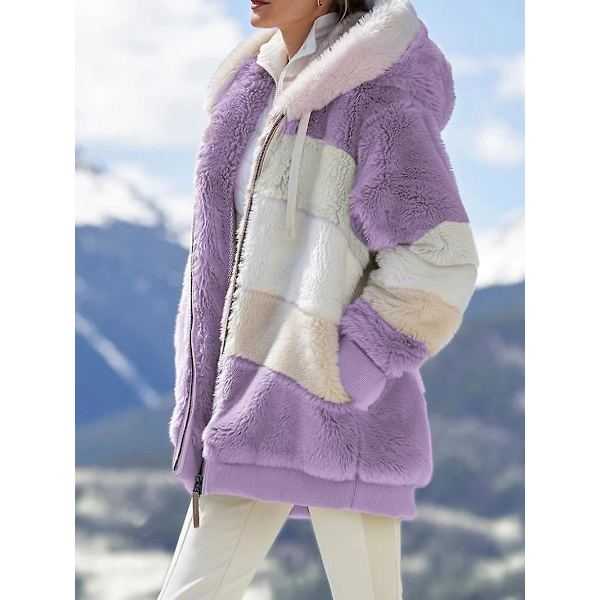 Dame Vinter Plys Hætte Frakke Langærmet Zip Up Tyk Cardigan Varm Løs Jakke W Purple M