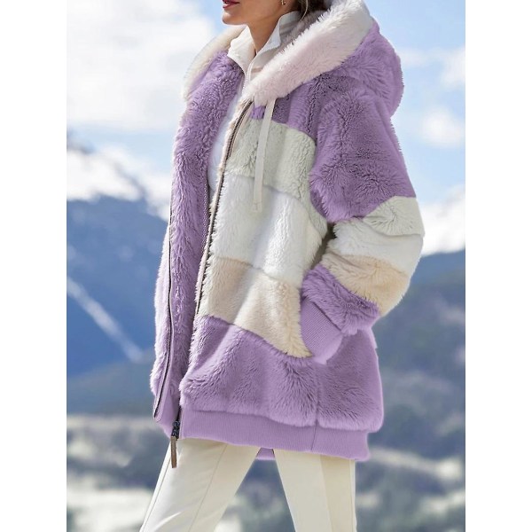 Dame Vinter Plysj Hettelue Frakk Langarmet Glidelås Opp Tykk Cardigan Varm Løs Jakke W Purple 2XL