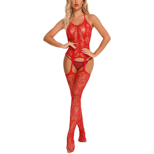 Kvinnors spets Fishnet Underkläder Babydoll Body Stocking Body - red